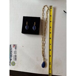 Lapis Lazuli Jewelry Set Gold Tone Paperclip Chain Necklace & Leverback Earrings